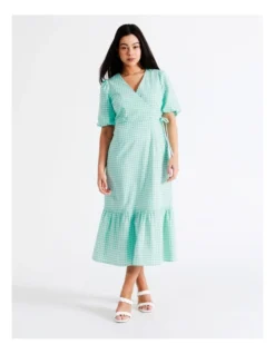 Organic Cotton Blend Check Midi Wrap Dress In Mint