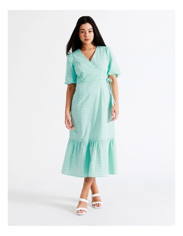 Organic Cotton Blend Check Midi Wrap Dress In Mint