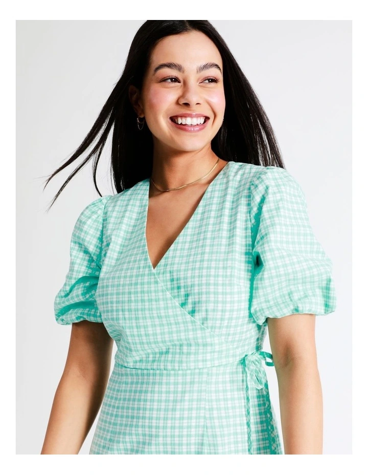 Organic Cotton Blend Check Midi Wrap Dress In Mint - Image 3