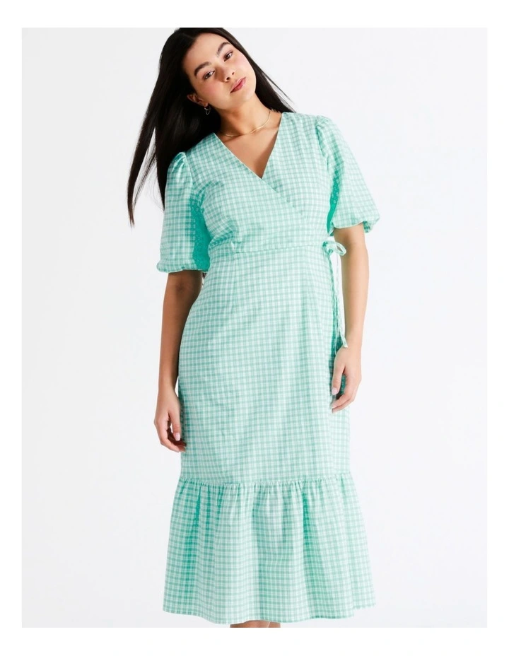 Organic Cotton Blend Check Midi Wrap Dress In Mint - Image 7