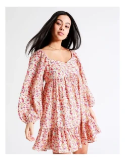 Babydoll Puff Sleeve Mini Dress In Assorted