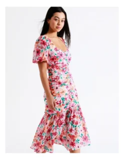 Ruched Detail Puff Sleeve Midi Dress In Assorted