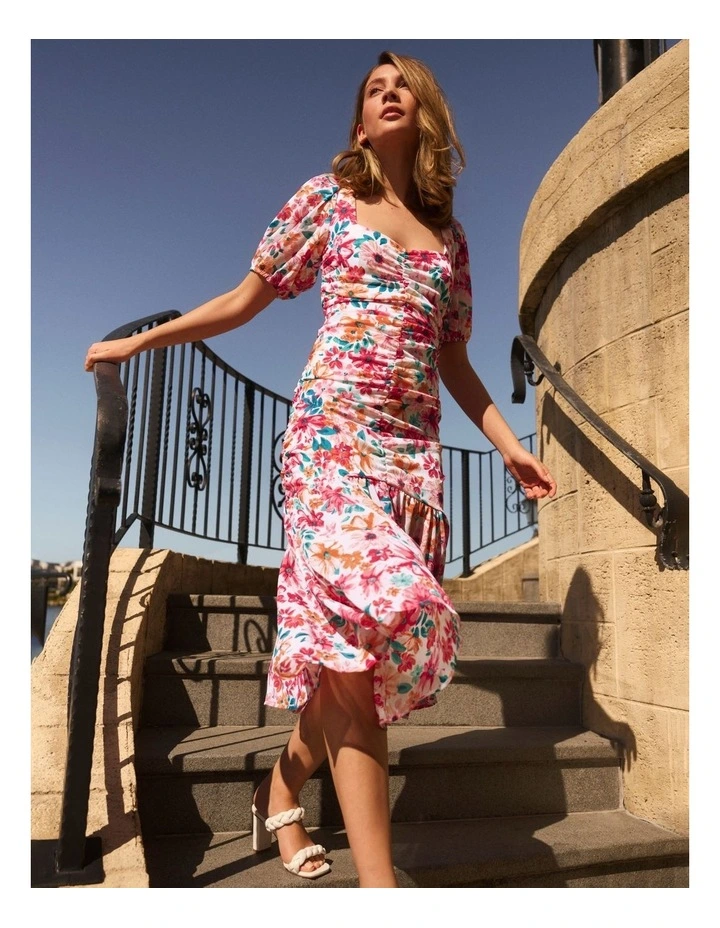 Ruched Detail Puff Sleeve Midi Dress In Assorted - Image 2