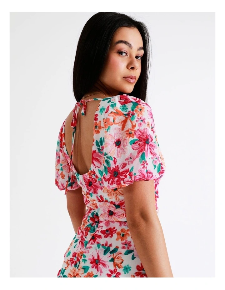 Ruched Detail Puff Sleeve Midi Dress In Assorted - Image 3