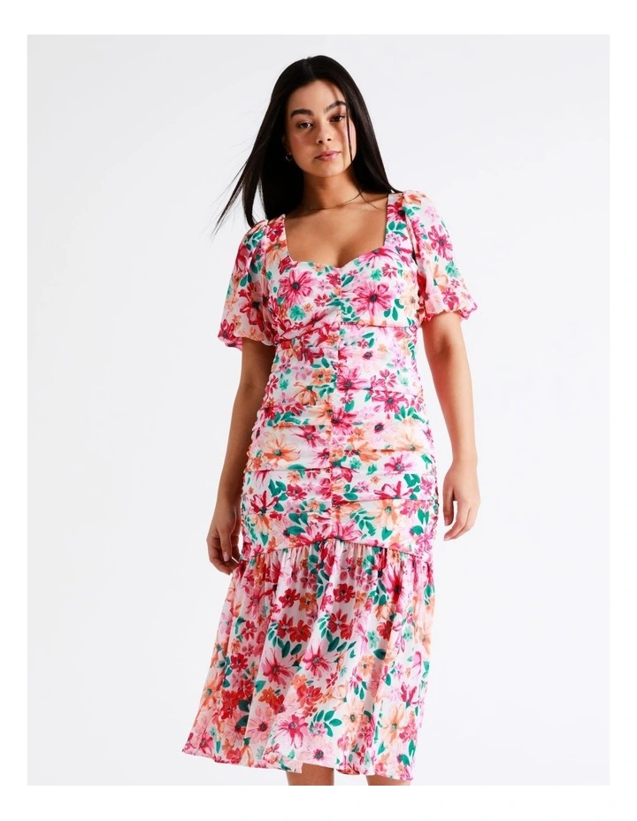 Ruched Detail Puff Sleeve Midi Dress In Assorted - Image 4