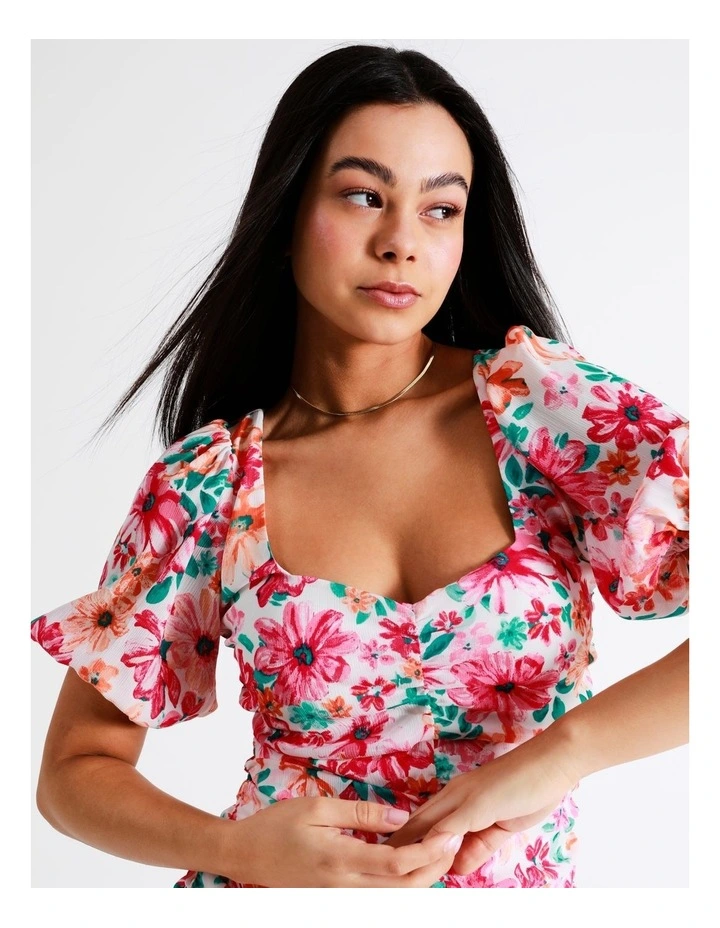 Ruched Detail Puff Sleeve Midi Dress In Assorted - Image 5