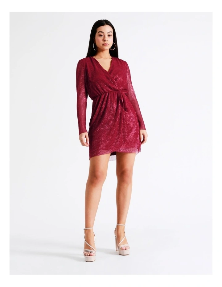 Plisse Wrap Mini Dress In Crimson Pink
