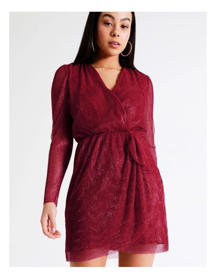 Plisse Wrap Mini Dress In Crimson Pink - Image 2