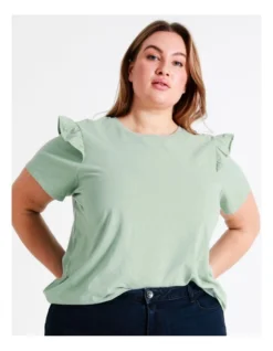 Curve Frill Detail Organic Cotton Tee In Sage