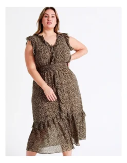 Curve Recycled Shirred Waist Frill Feature Maxi Dress In Leopard