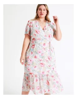 Recycled Flutter Sleeve Wrap Midi Dress In Assorted