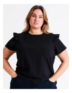 Curve Frill Detail Organic Cotton Tee In Navy