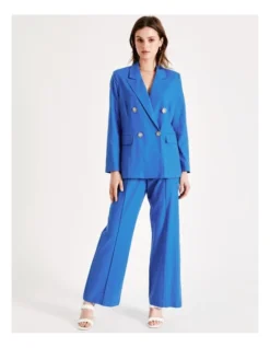 European Linen Blend High Waist Wide Leg Pants In Cobalt