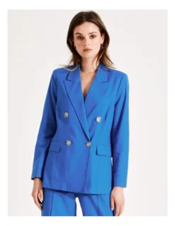 European Linen Blend Double Breasted Blazer In Cobalt