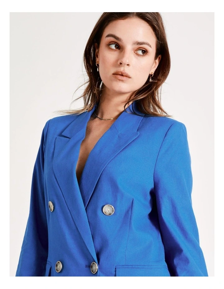 European Linen Blend Double Breasted Blazer In Cobalt - Image 3