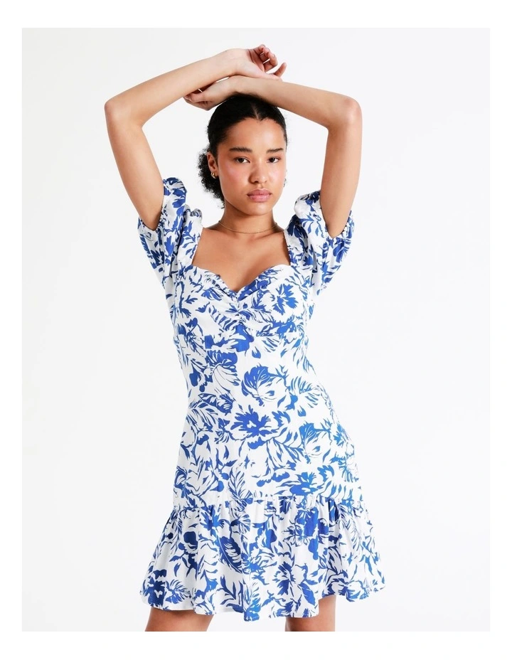 European Linen Blend Sweetheart Mini Dress In Cobalt