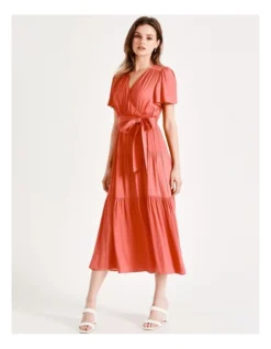Recycled Blend Satin Midi Wrap Dress In Coral