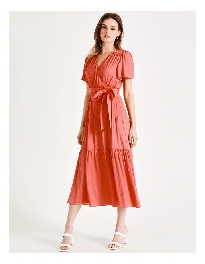 Recycled Blend Satin Midi Wrap Dress In Coral