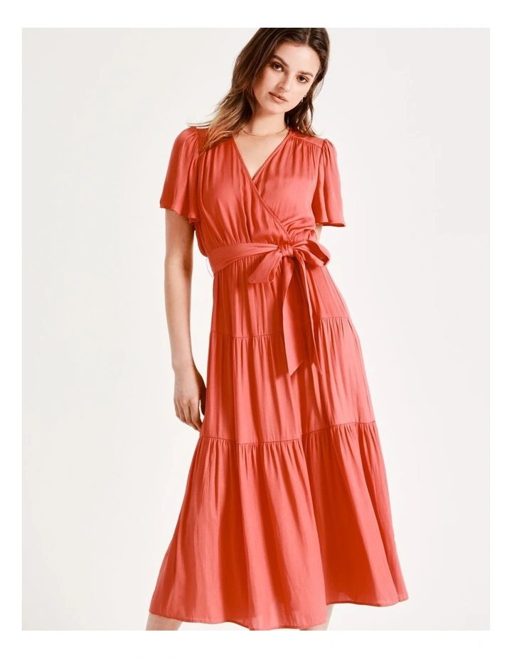 Recycled Blend Satin Midi Wrap Dress In Coral - Image 3