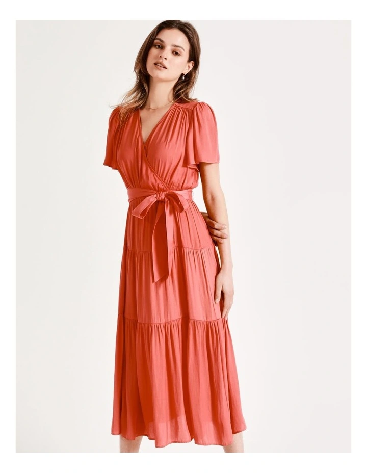 Recycled Blend Satin Midi Wrap Dress In Coral - Image 5