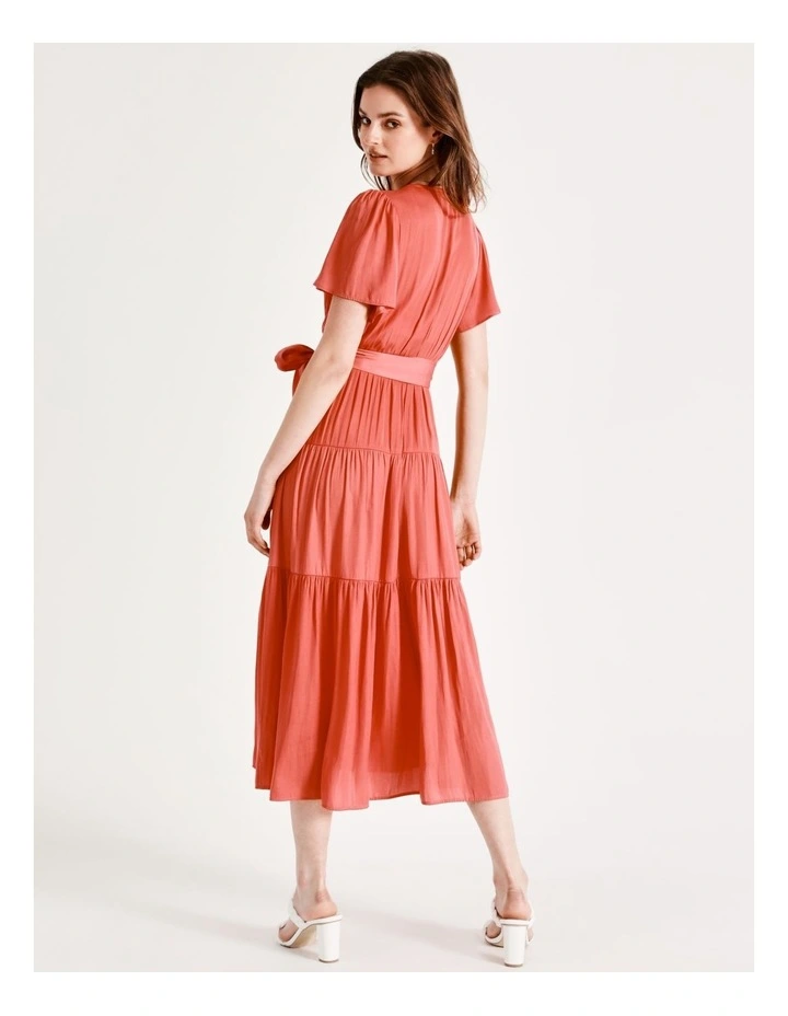 Recycled Blend Satin Midi Wrap Dress In Coral - Image 7