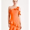 One Shoulder Frill Mini Dress In Orange