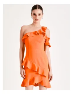 One Shoulder Frill Mini Dress In Orange