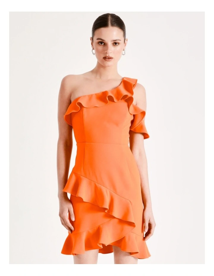 One Shoulder Frill Mini Dress In Orange