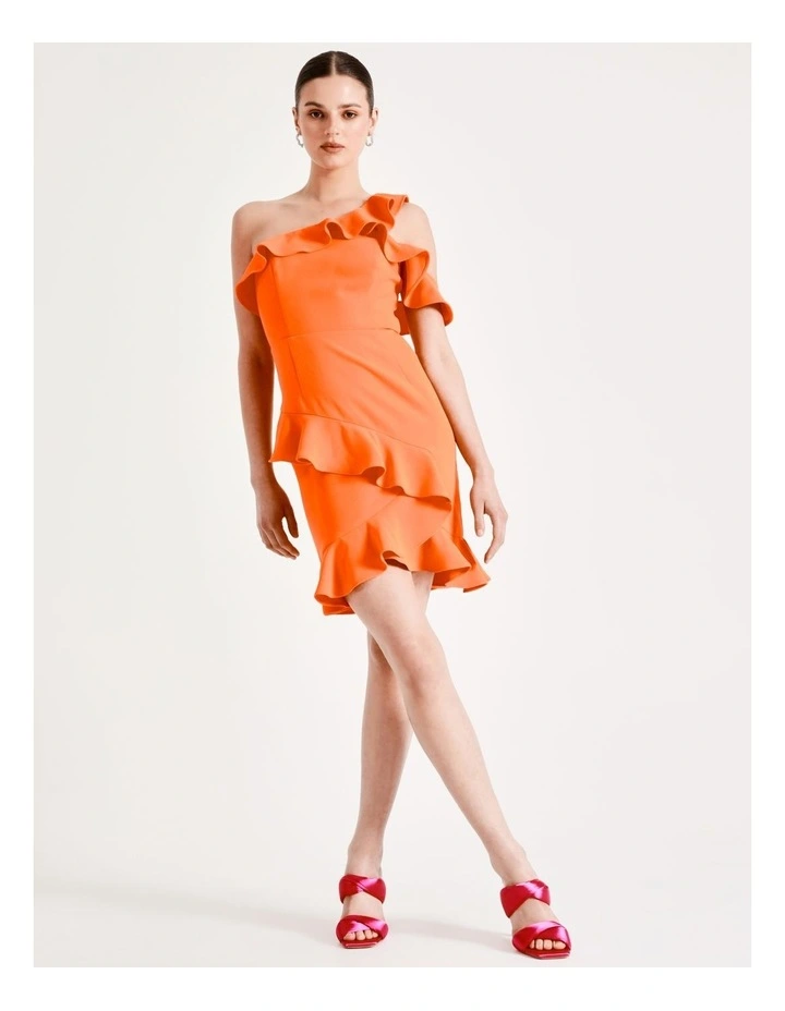 One Shoulder Frill Mini Dress In Orange - Image 2