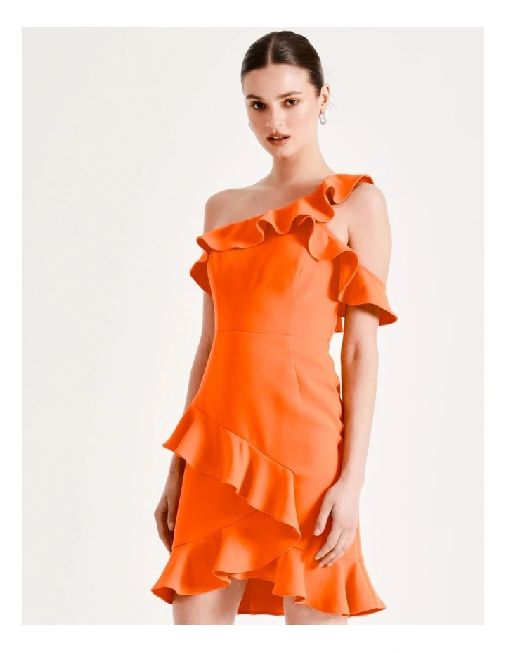 One Shoulder Frill Mini Dress In Orange - Image 3