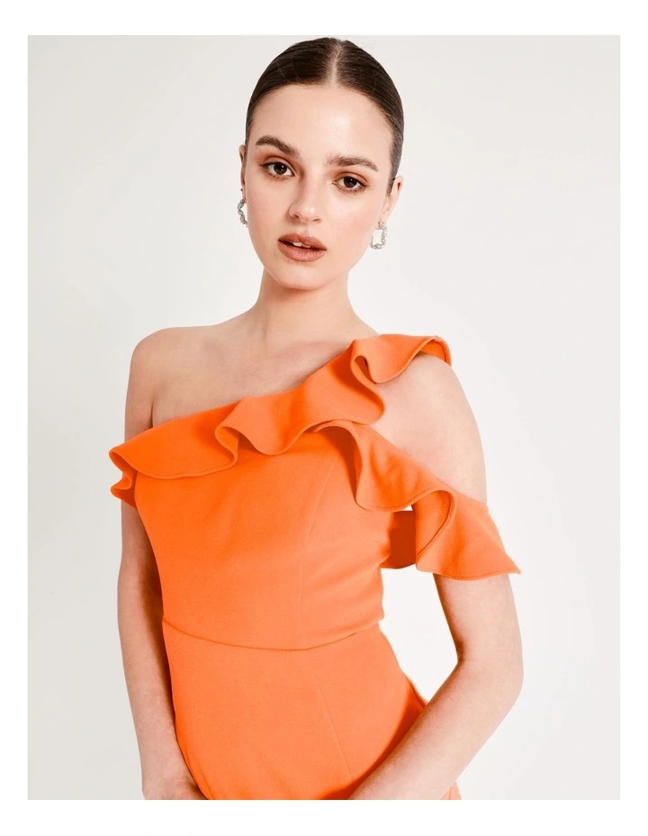 One Shoulder Frill Mini Dress In Orange - Image 4