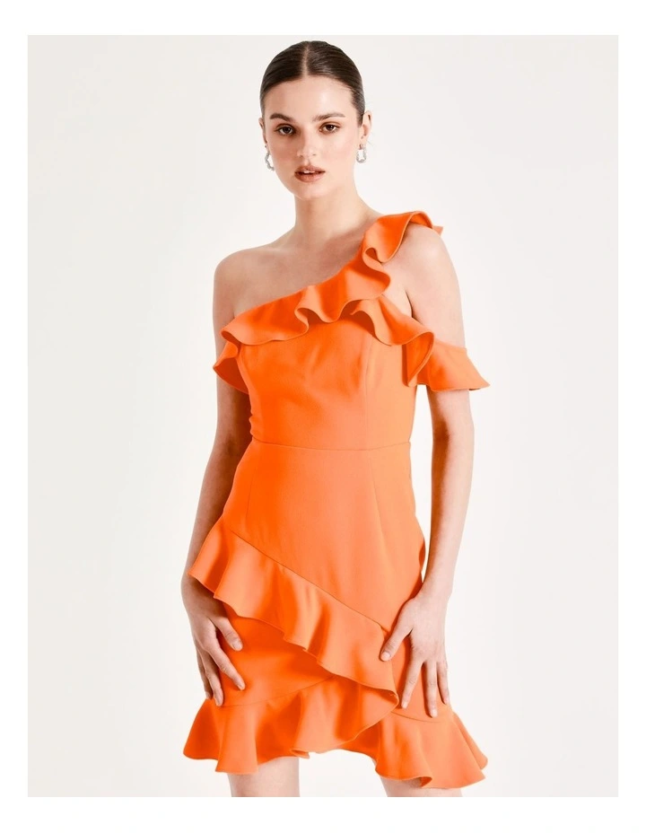One Shoulder Frill Mini Dress In Orange - Image 5