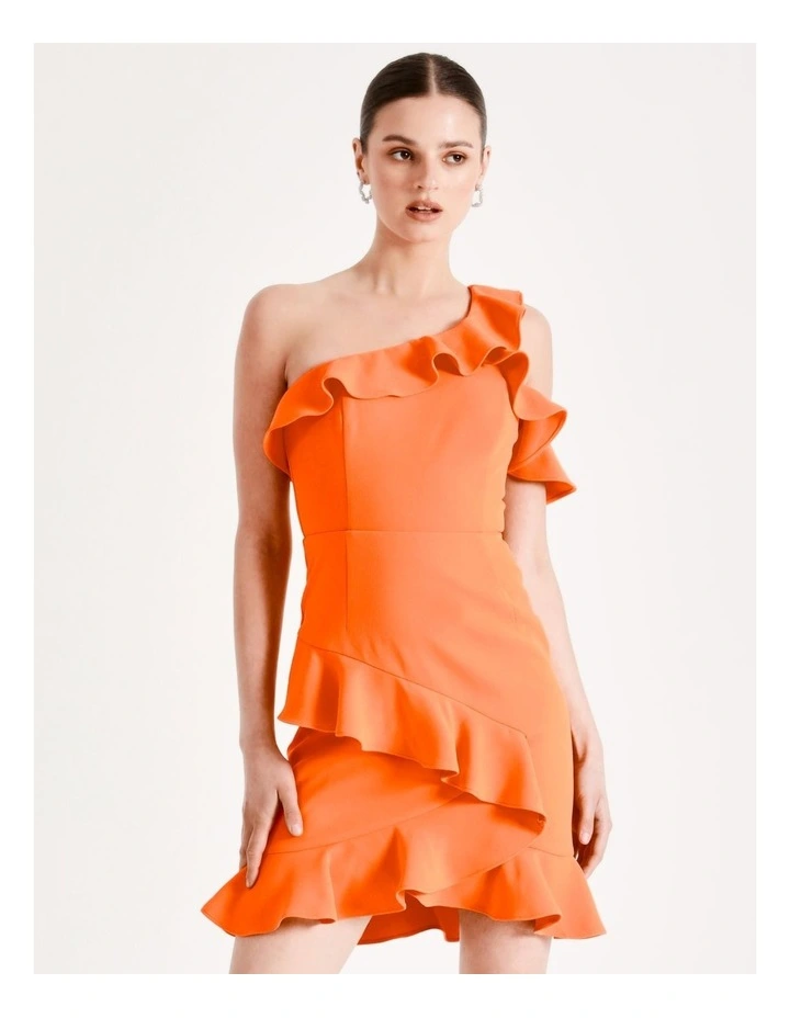 One Shoulder Frill Mini Dress In Orange - Image 6