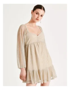 Metallic Plisse Babydoll Dress In Gold