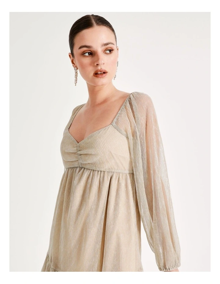 Metallic Plisse Babydoll Dress In Gold - Image 3