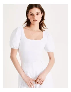 Square Neck Puff Sleeve Tee In White