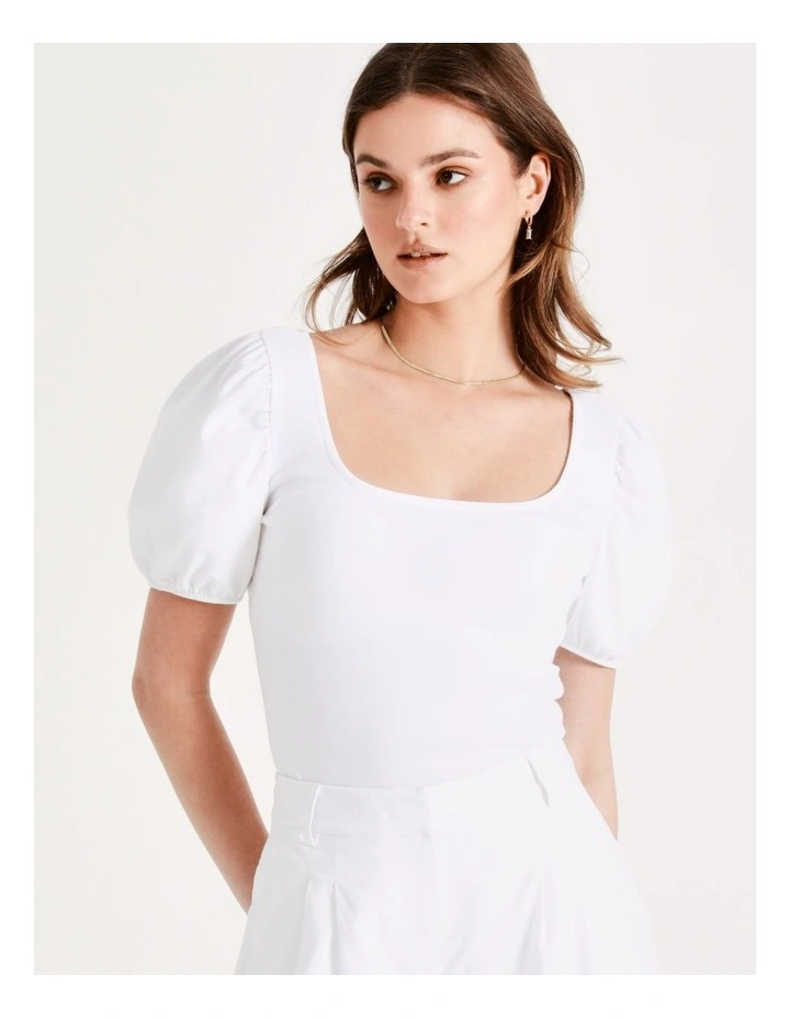 Square Neck Puff Sleeve Tee In White - Image 3