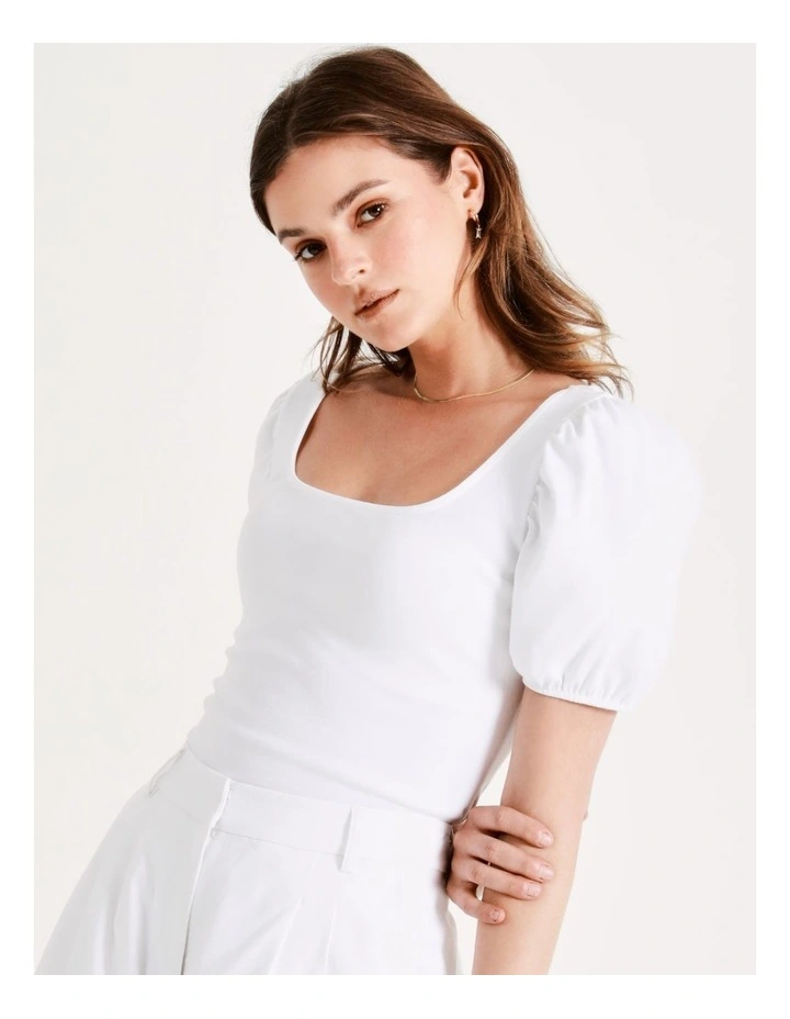 Square Neck Puff Sleeve Tee In White - Image 4