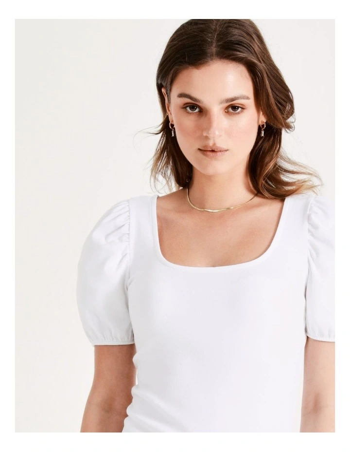 Square Neck Puff Sleeve Tee In White - Image 5