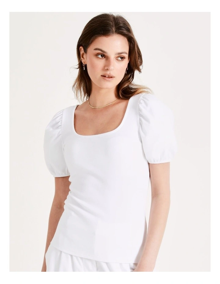 Square Neck Puff Sleeve Tee In White - Image 6