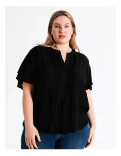 Curve Pintuck Flutter Sleeve Top In Black