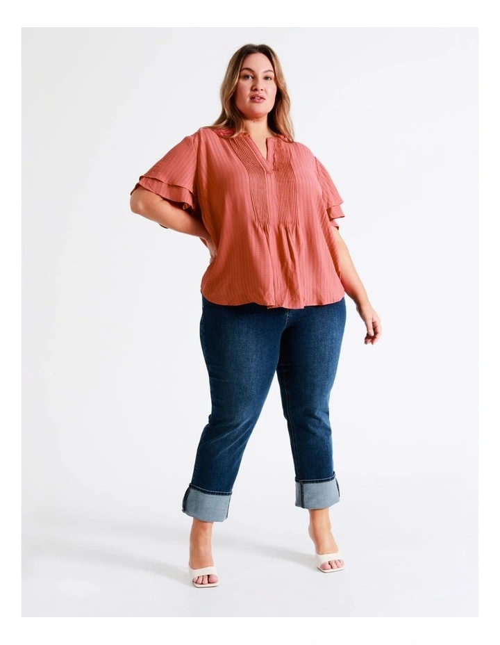 Curve Pintuck Flutter Sleeve Top In Coral - Image 2