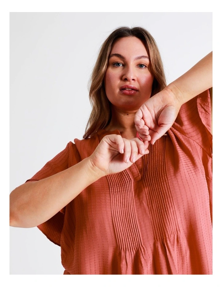 Curve Pintuck Flutter Sleeve Top In Coral - Image 3