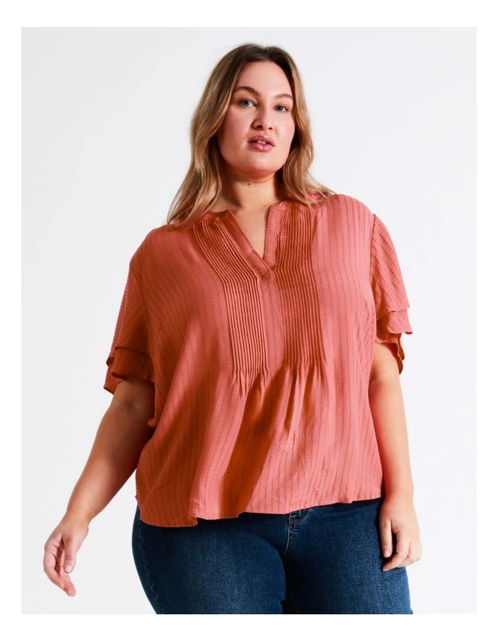 Curve Pintuck Flutter Sleeve Top In Coral - Image 5
