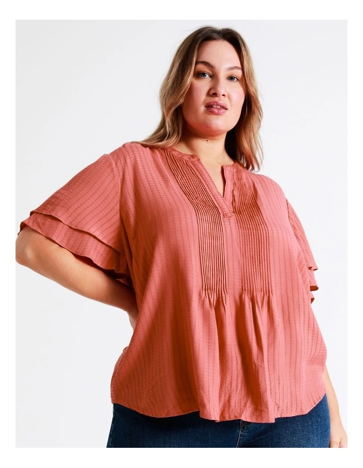 Curve Pintuck Flutter Sleeve Top In Coral - Image 6
