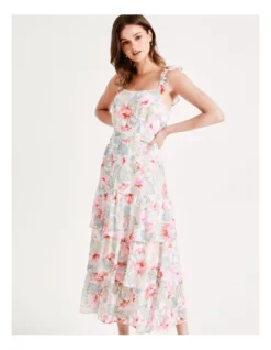 Recycled Blend Tie Back Tiered Midi Dress In Assorted