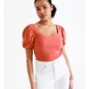 Square Neck Puff Tee In Coral