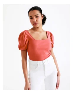 Square Neck Puff Tee In Coral