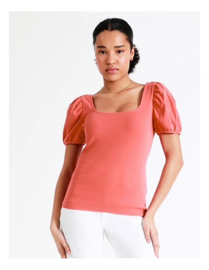Square Neck Puff Tee In Coral - Image 2