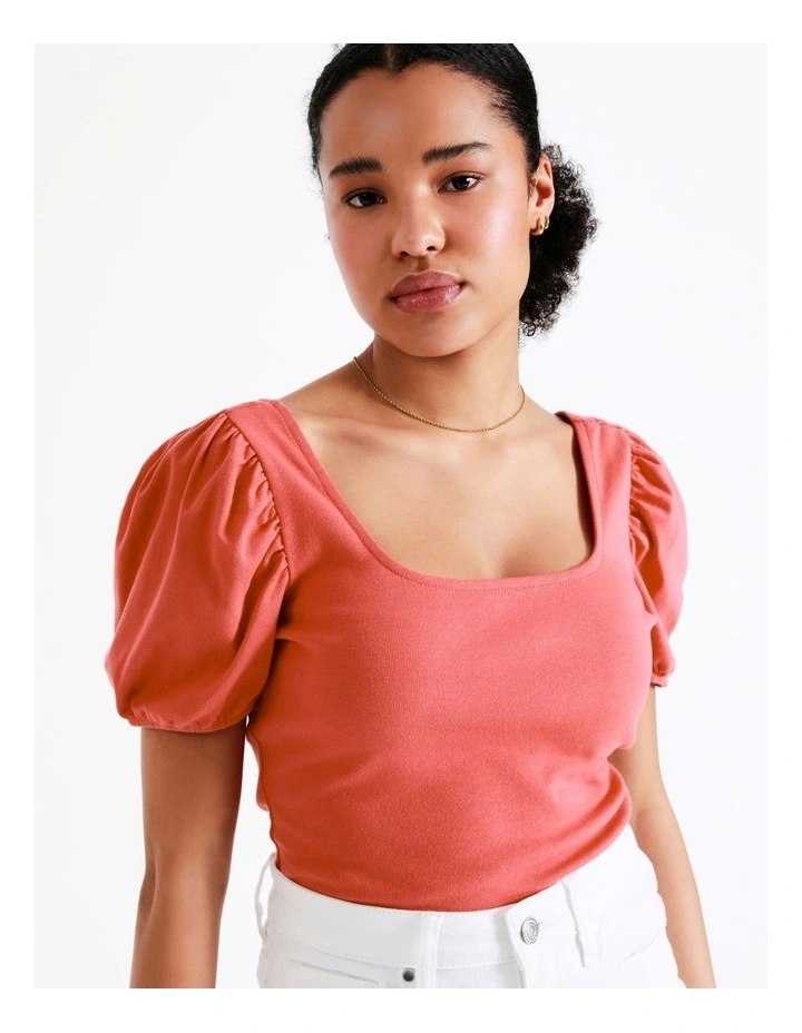 Square Neck Puff Tee In Coral - Image 3